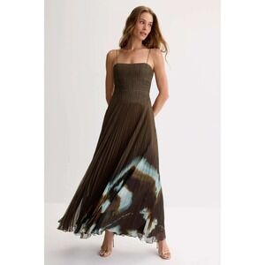AMUR Sue Pleated Gown Olive Green Tie Dye Spaghetti Strap Evening Gown Size 8